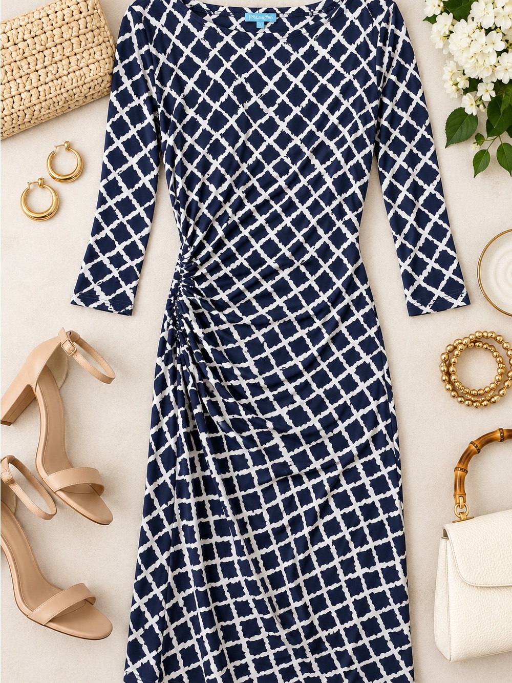 J. McLaughlin Navy and White Grid Ruched-Waist Midi Dress